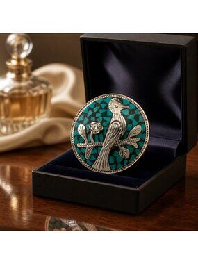 Mexican Sterling Silver & Turquoise Inlay Bird Brooch Pin In Gift Box